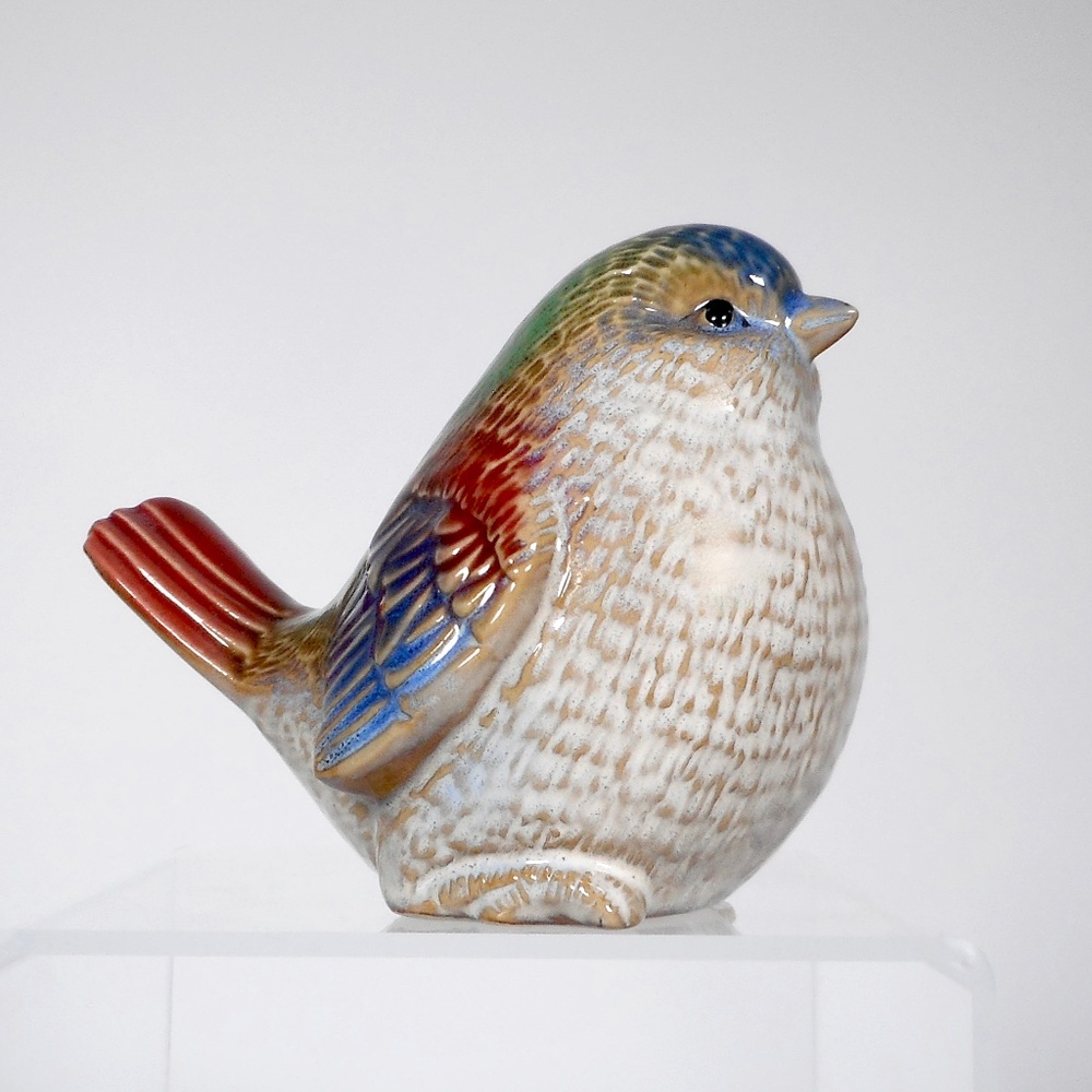 Ceramic Glazed 3 5/8"H Art Pottery Sparrow Bird Puffy Red Green Blue Farmhouse